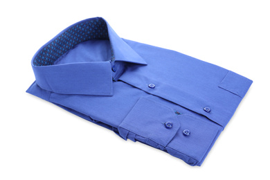 Photo of Stylish blue shirt isolated on white. Dry-cleaning service