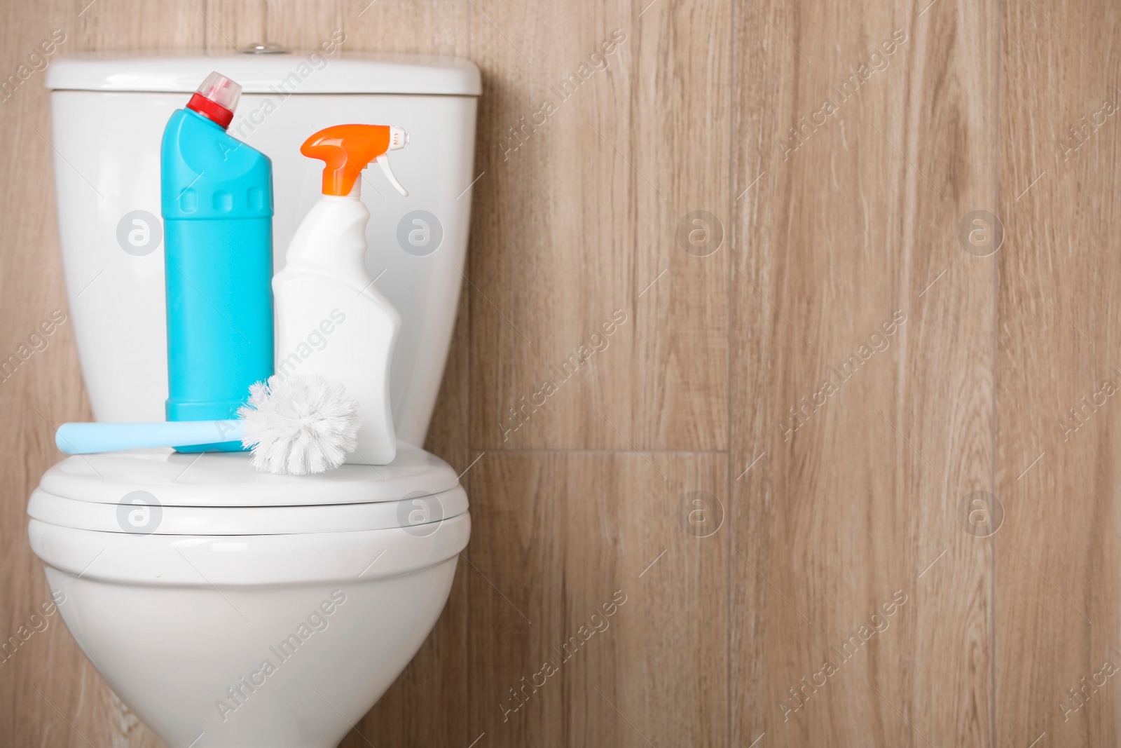 Photo of Bottles of cleaning products and brush on toilet bowl indoors, space for text