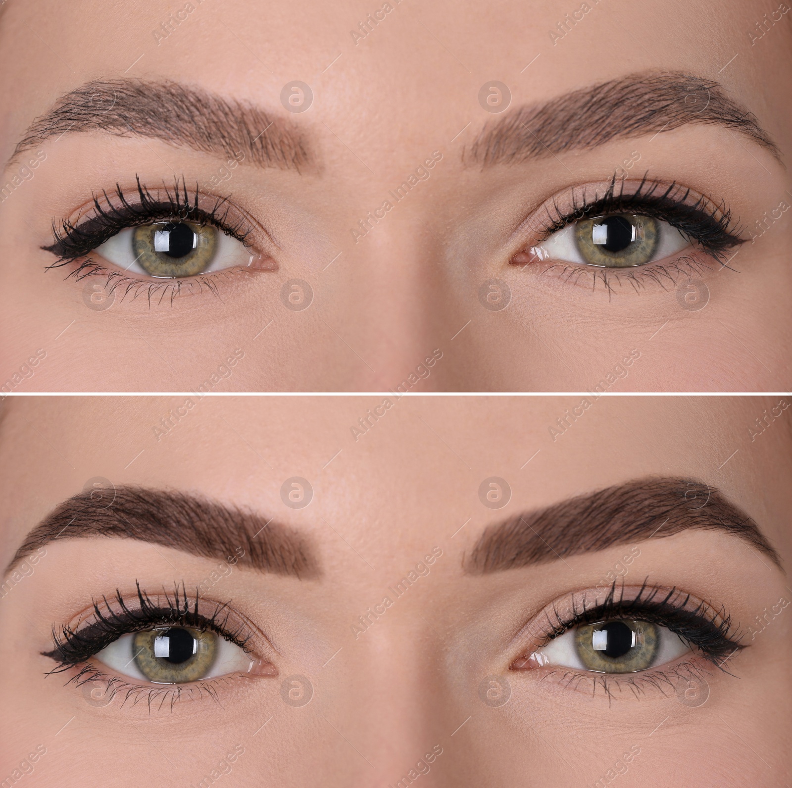 Image of Collage with photos of young woman before and after permanent makeup procedure, closeup