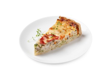 Photo of Piece of tasty quiche with chicken, cheese, microgreens and vegetables isolated on white