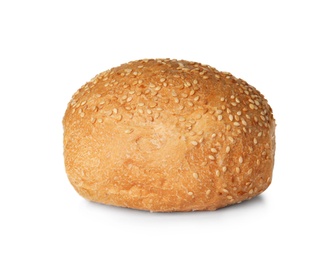 Photo of Fresh burger bun with sesame seeds isolated on white