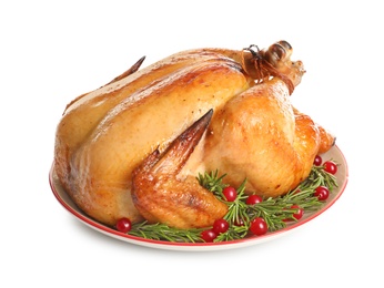 Photo of Platter of cooked turkey with garnish on white background