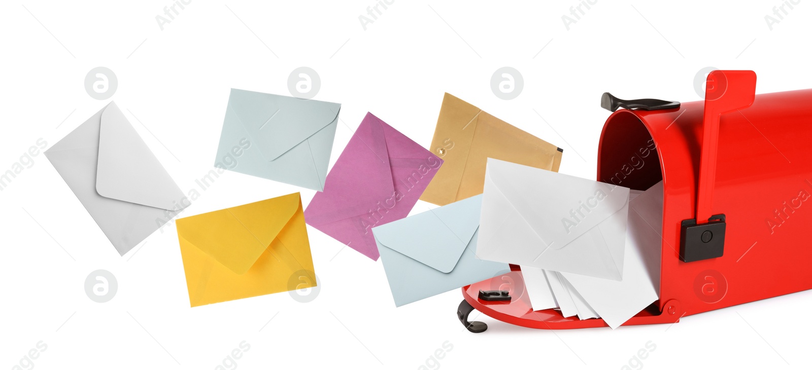 Image of Different color envelopes flying out from red letter box on white background. Banner design