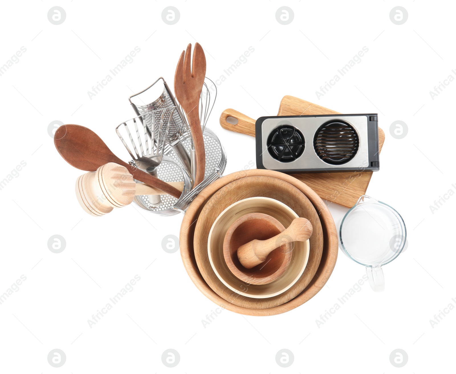 Photo of Set of different cooking utensils and dishes on white background, top view