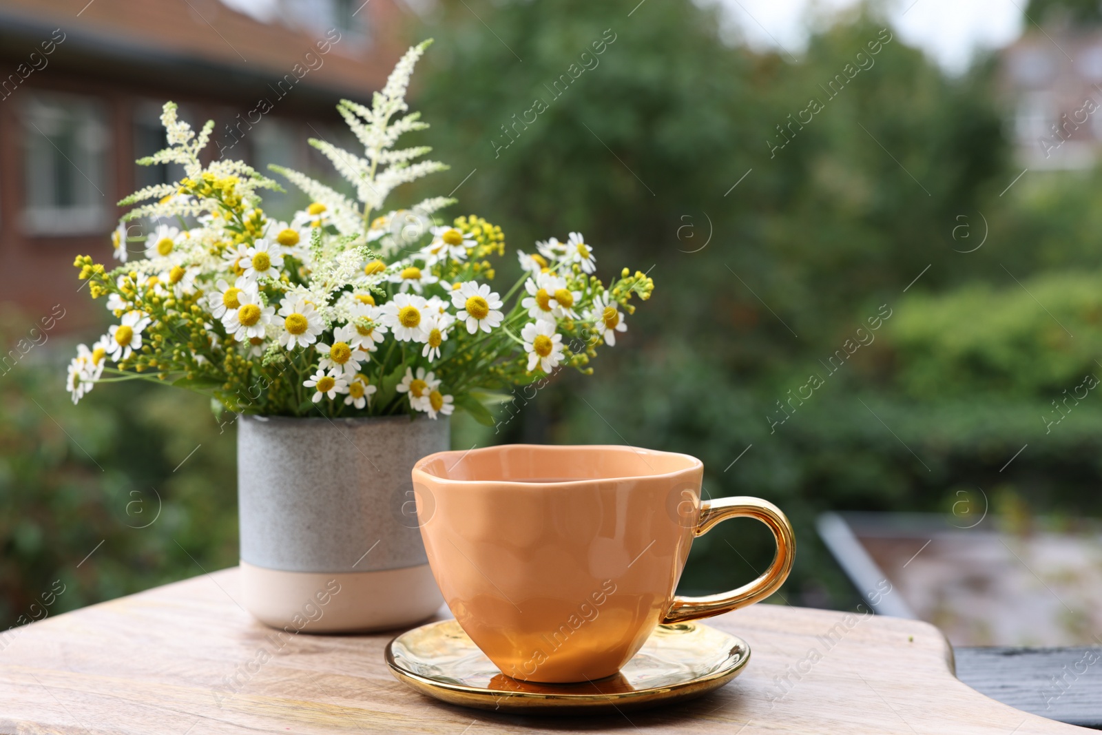 Photo of Cup of delicious chamomile tea and fresh flowers outdoors. Space for text