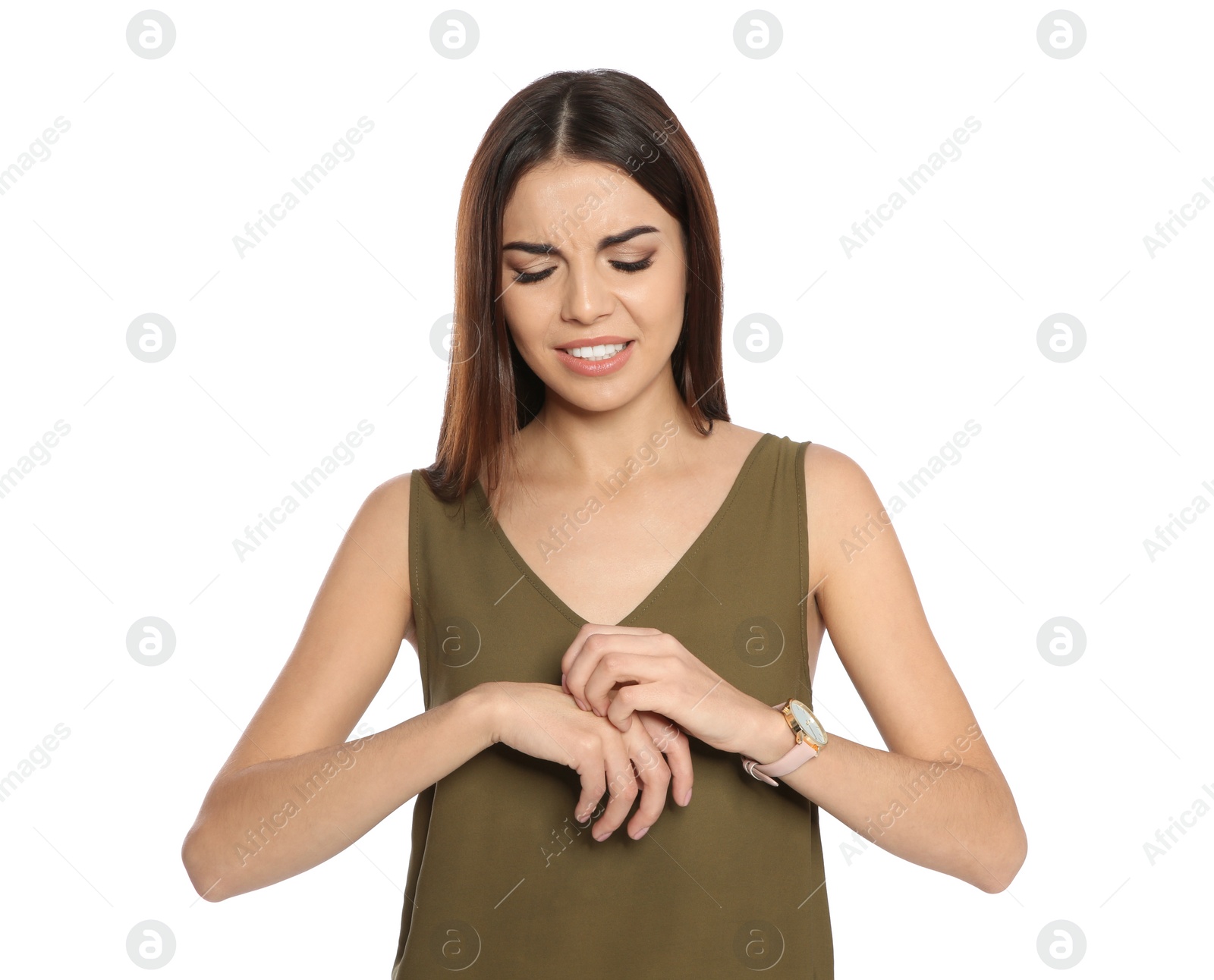 Photo of Young woman scratching hand on white background. Annoying itch