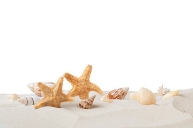 Photo of Beautiful sea stars and seashells in sand on white background
