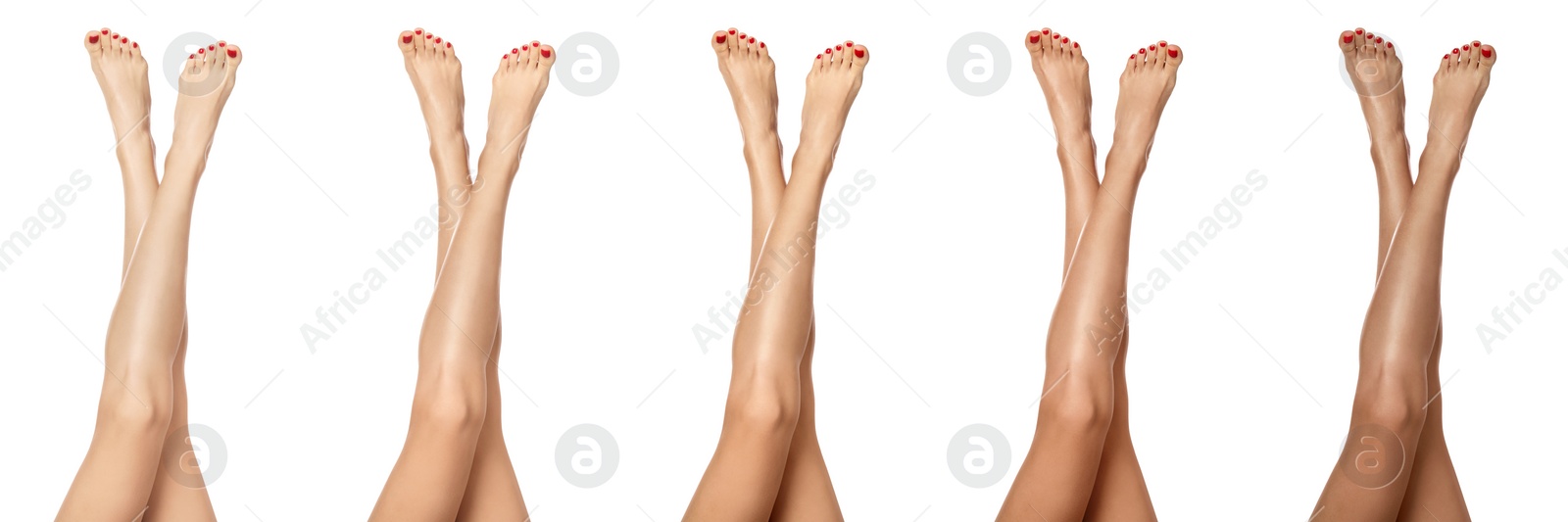 Image of Woman with beautiful legs on white background, closeup. Collage of photos showing stages of suntanning