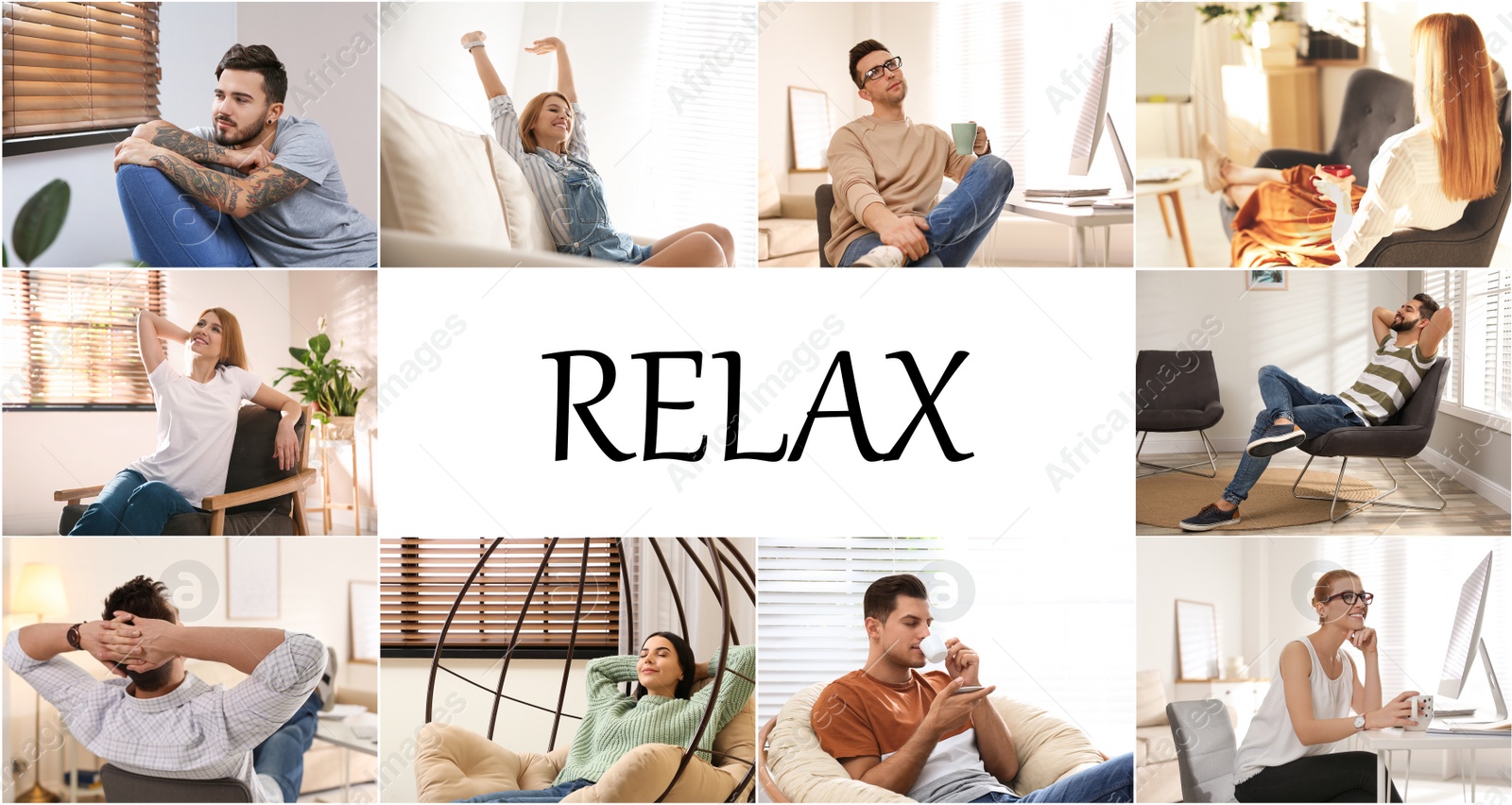 Image of Collage of different people resting indoors and word Relax