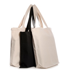 Photo of Eco bags on white background. Mock up for design