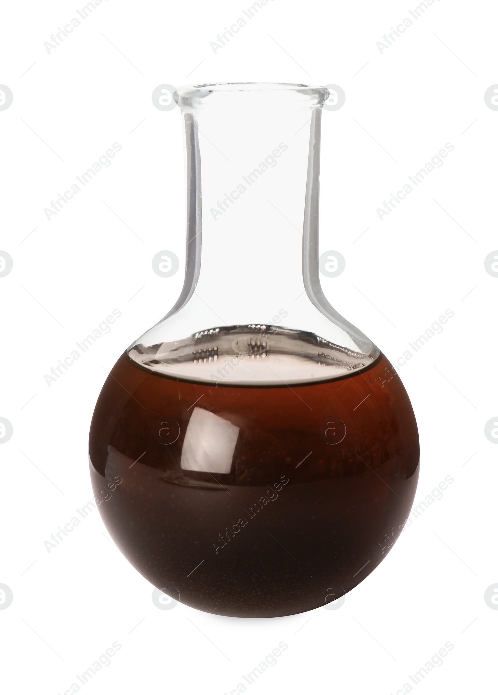 Photo of Flask with brown crude oil isolated on white