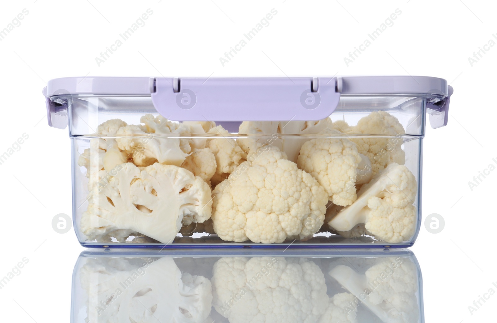 Photo of Box with cut fresh raw cauliflowers on white background