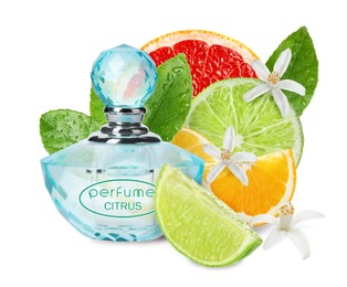 Image of Bottle of perfume with citrus scent on white background