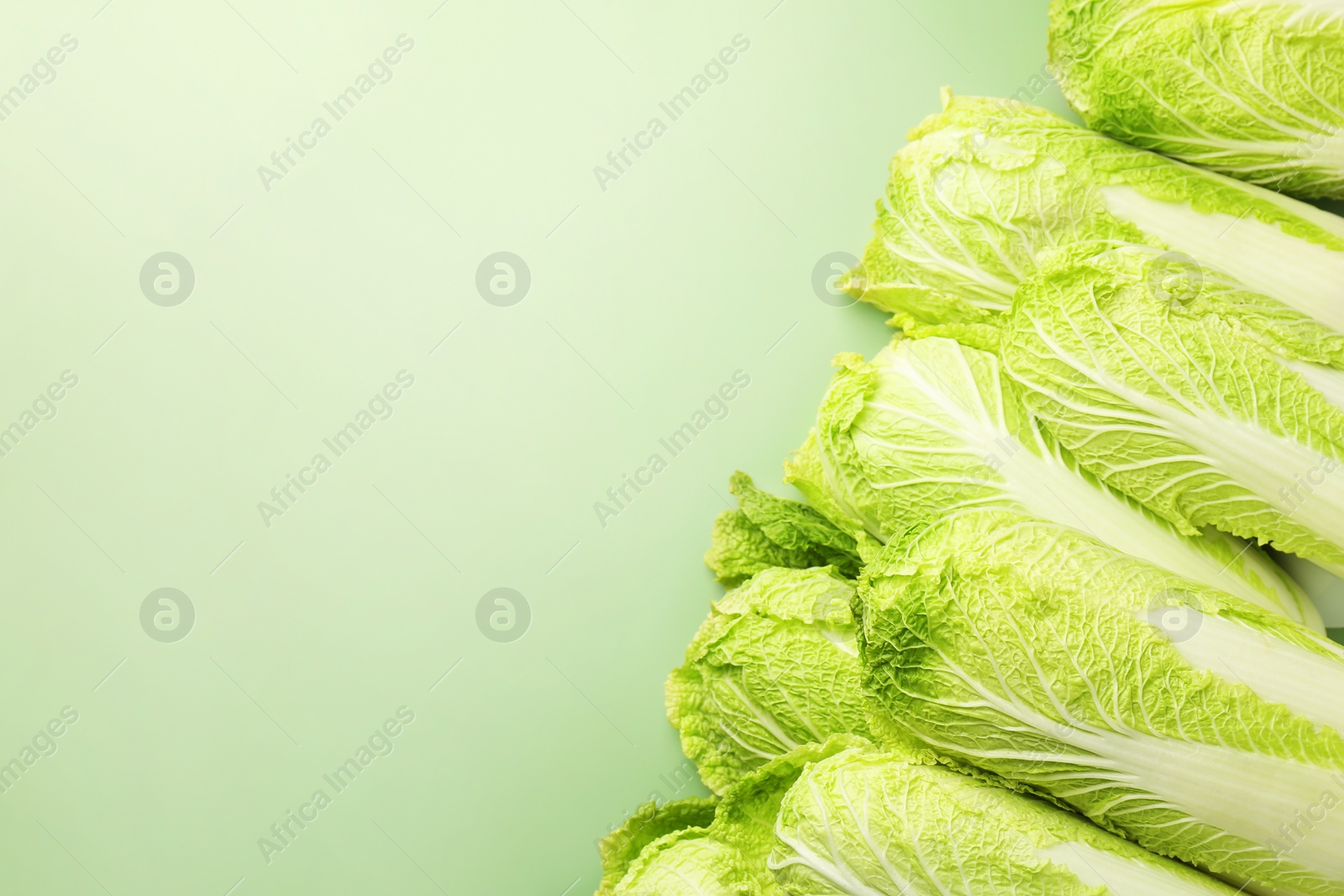 Photo of Many fresh Chinese cabbages on pale green background, top view. Space for text