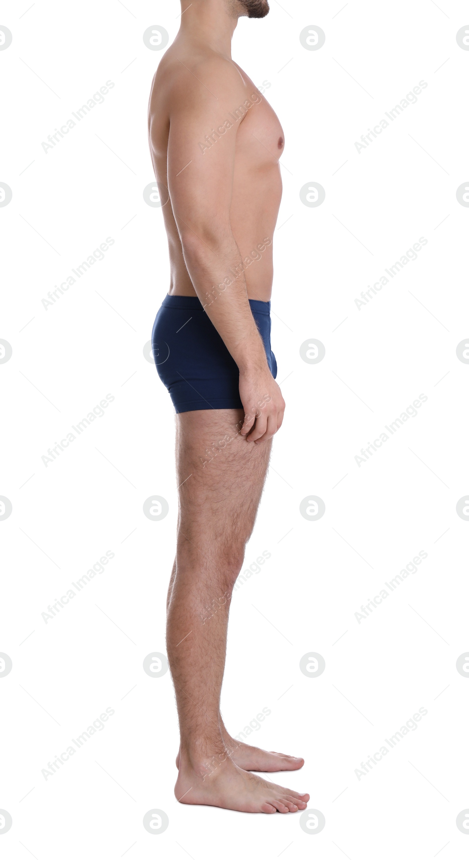 Photo of Young man on white background, closeup. Weight loss