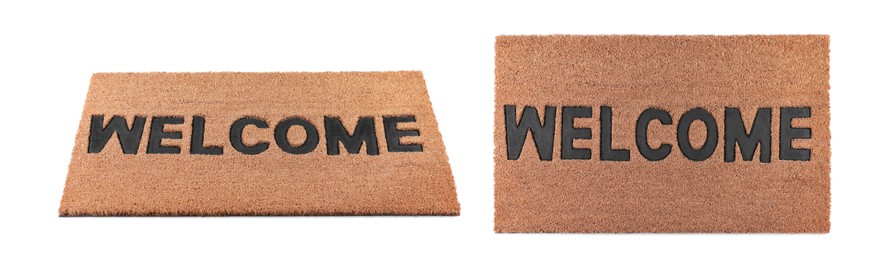 Image of New door mats with word WELCOME on white background, collage. Banner design