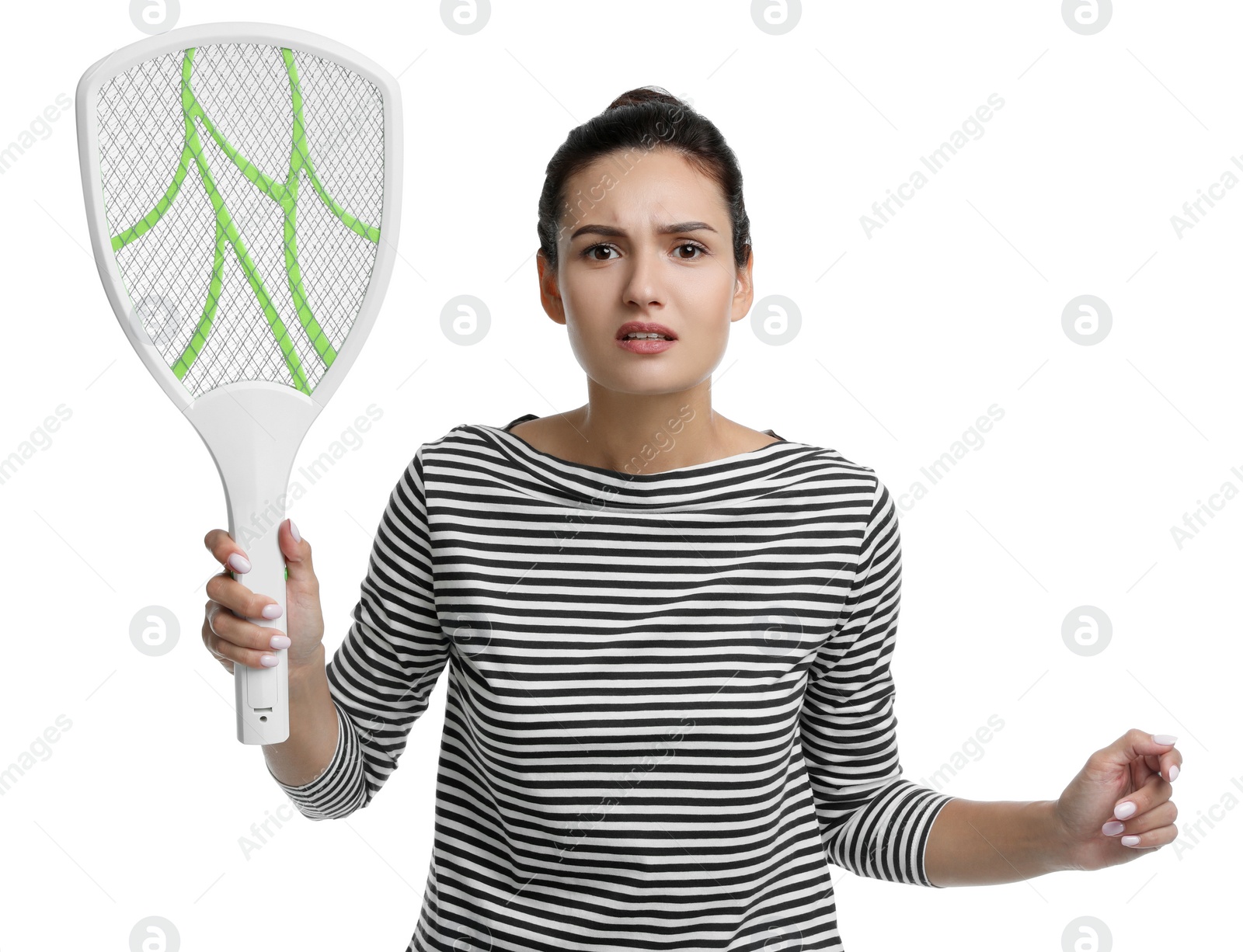 Photo of Young woman with electric fly swatter on white background. Insect killer