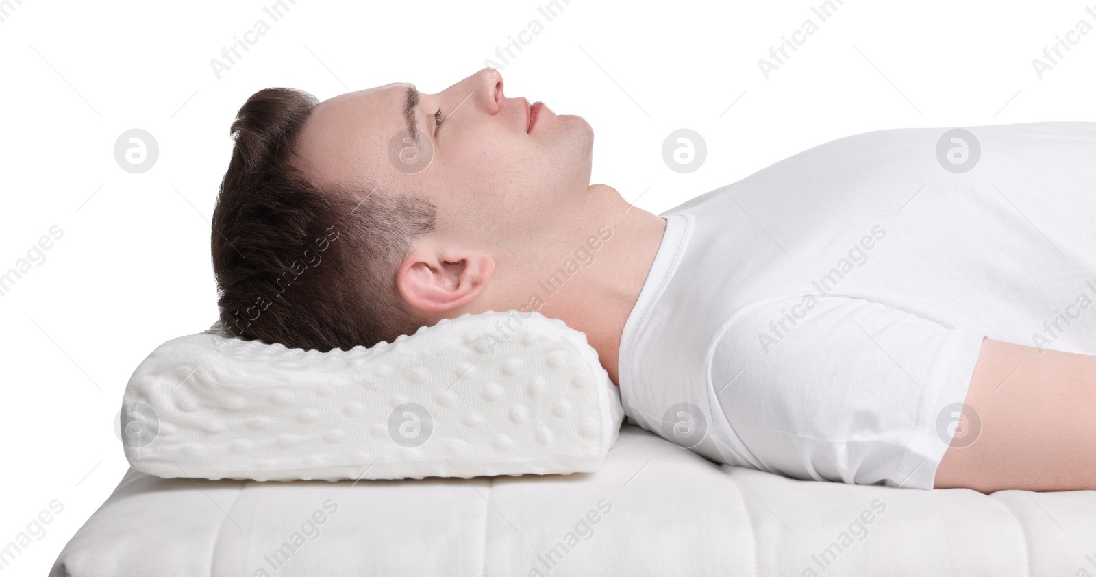 Photo of Man sleeping on orthopedic pillow against white background