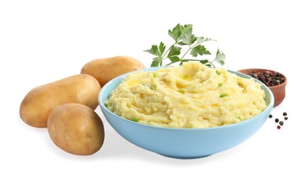 Photo of Bowl of tasty mashed potatoes with ingredients on white background