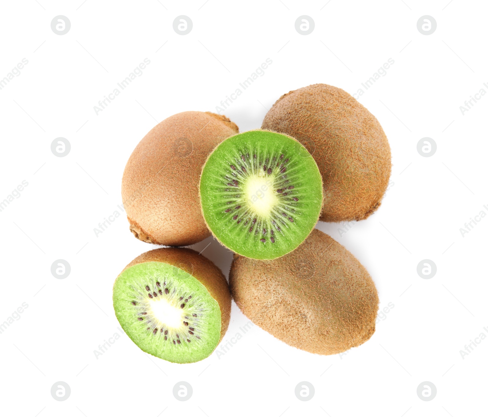 Photo of Cut and whole fresh kiwis on white background, top view