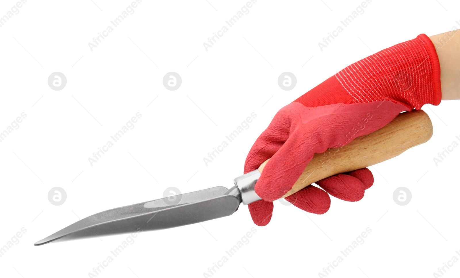 Photo of Woman in gardening glove holding trowel on white background, closeup