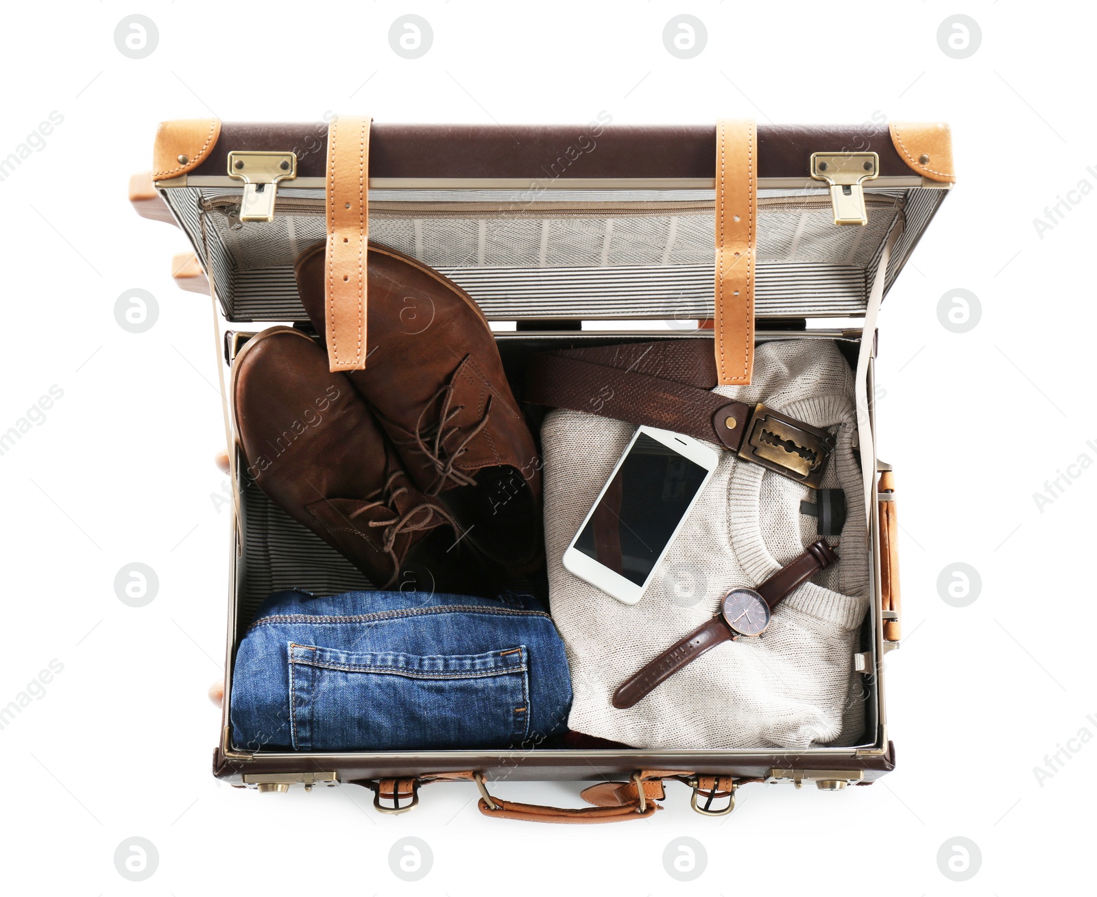 Photo of Packed suitcase with warm clothes and smartphone on white background, top view. Space for text