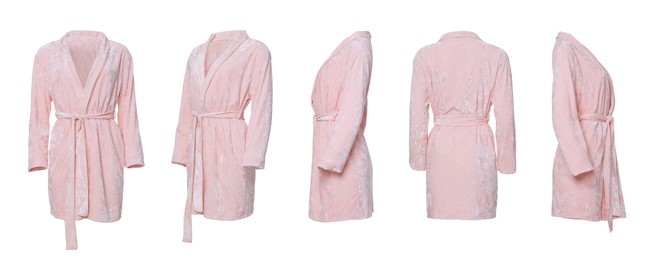 Image of Collage with light pink velour bathrobe on white background, different views