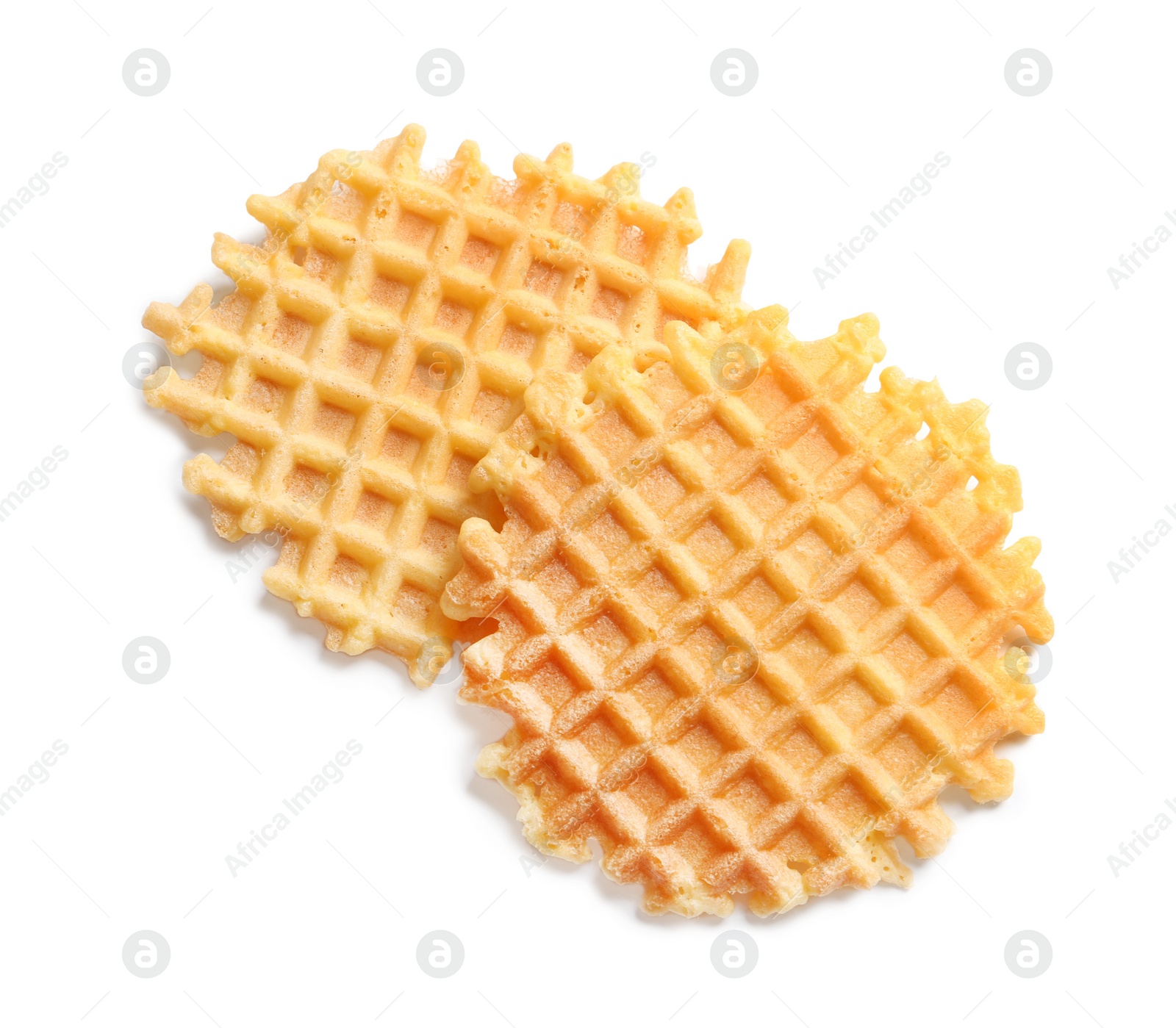 Photo of Delicious waffles for breakfast on white background, top view