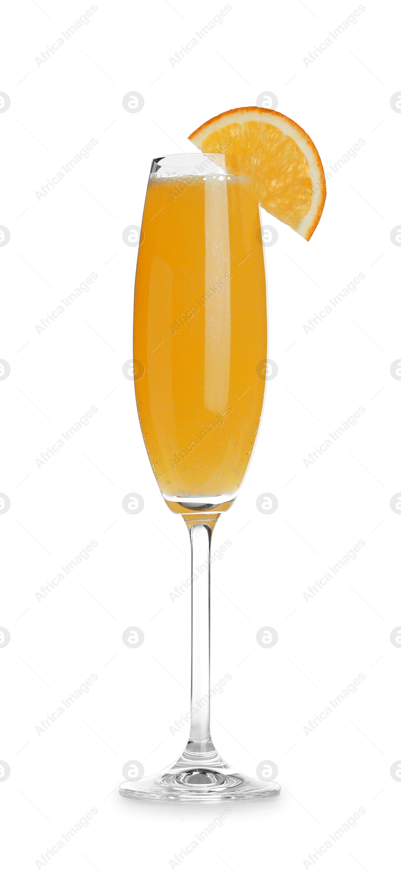 Photo of Fresh alcoholic Mimosa cocktail with orange slice isolated on white