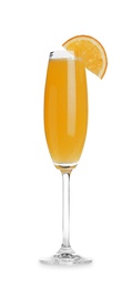 Photo of Fresh alcoholic Mimosa cocktail with orange slice isolated on white