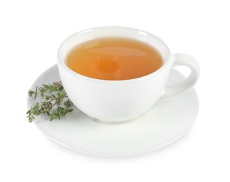 Photo of Aromatic herbal tea with thyme isolated on white
