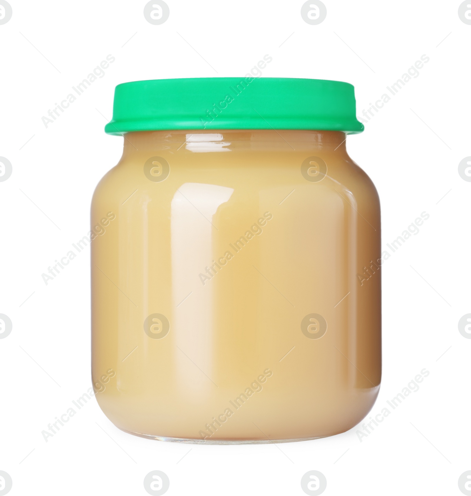 Photo of Baby food in glass jar on white background