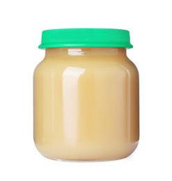 Photo of Baby food in glass jar on white background