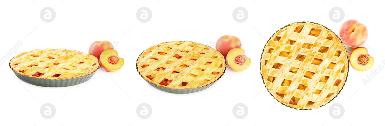 Image of Collage with delicious peach pie and fresh fruits on white background, different sides