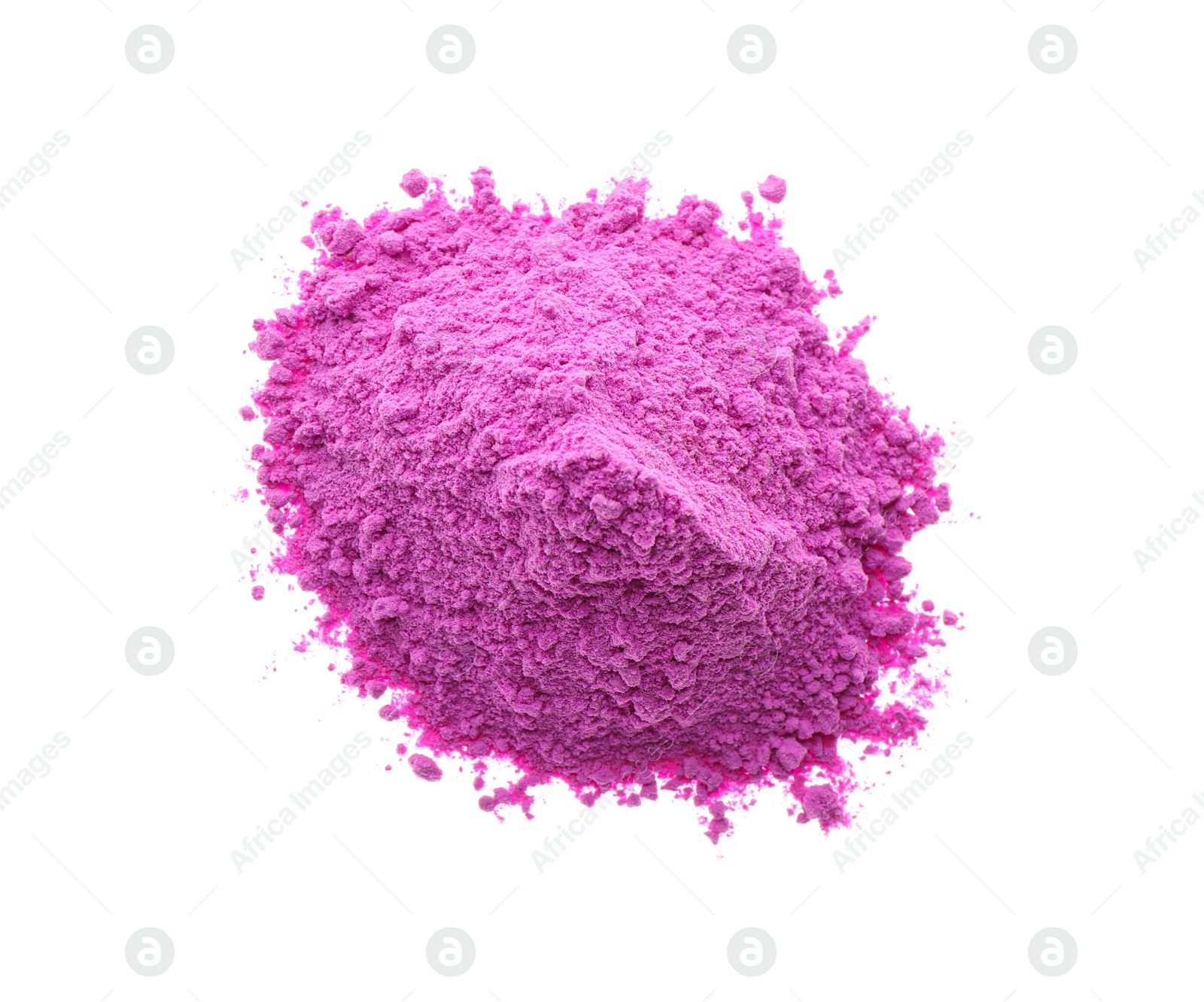 Photo of Pile of violet powder isolated on white, top view. Holi festival celebration
