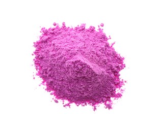 Pile of violet powder isolated on white, top view. Holi festival celebration