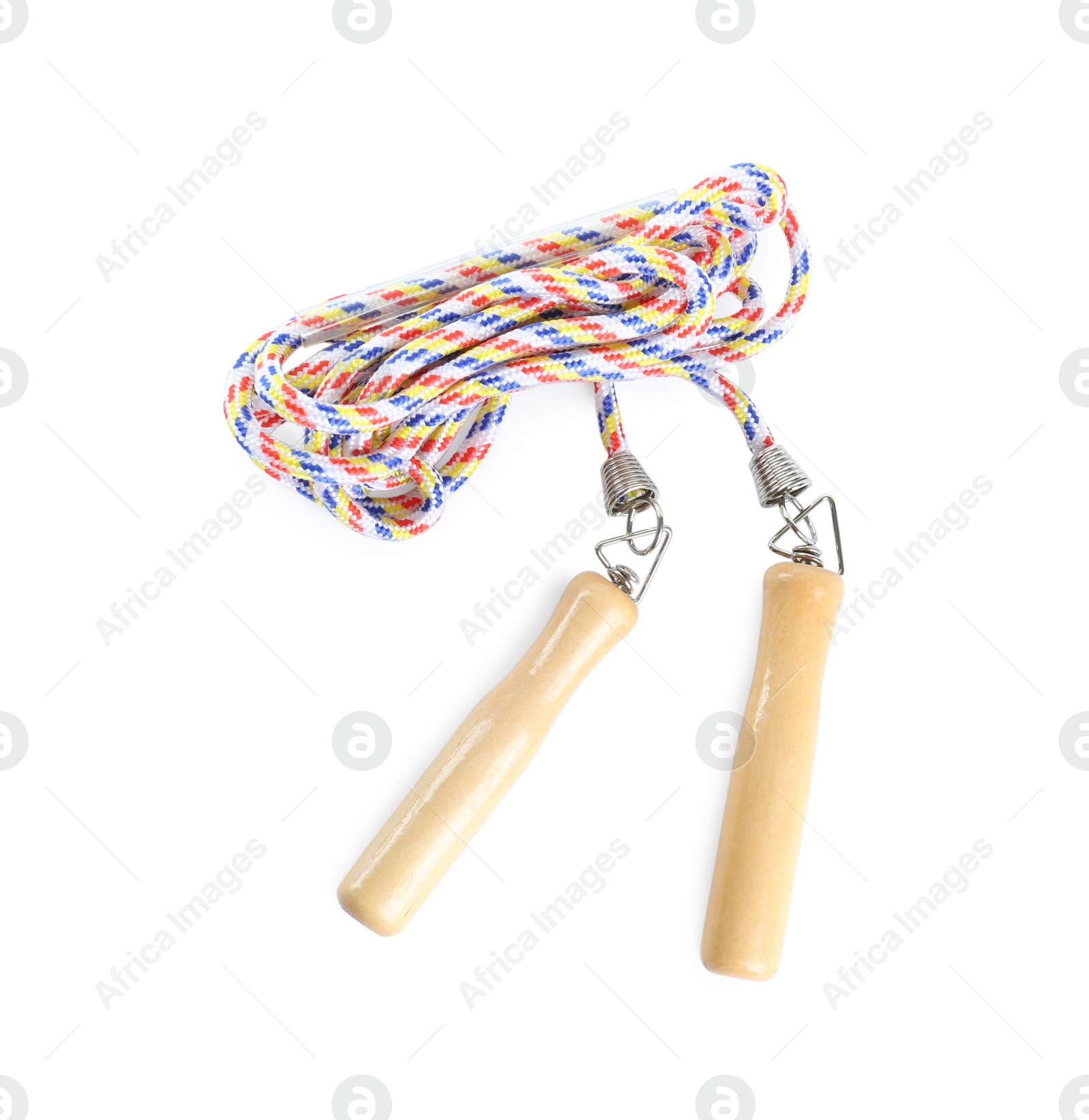 Photo of Colorful skipping rope with wooden handles isolated on white, top view