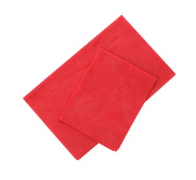 Photo of Red reusable beeswax food wraps on white background, top view