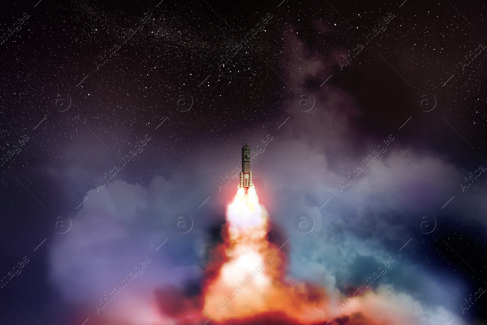 Image of Launched rocket in flight, night starry sky background. Space mission