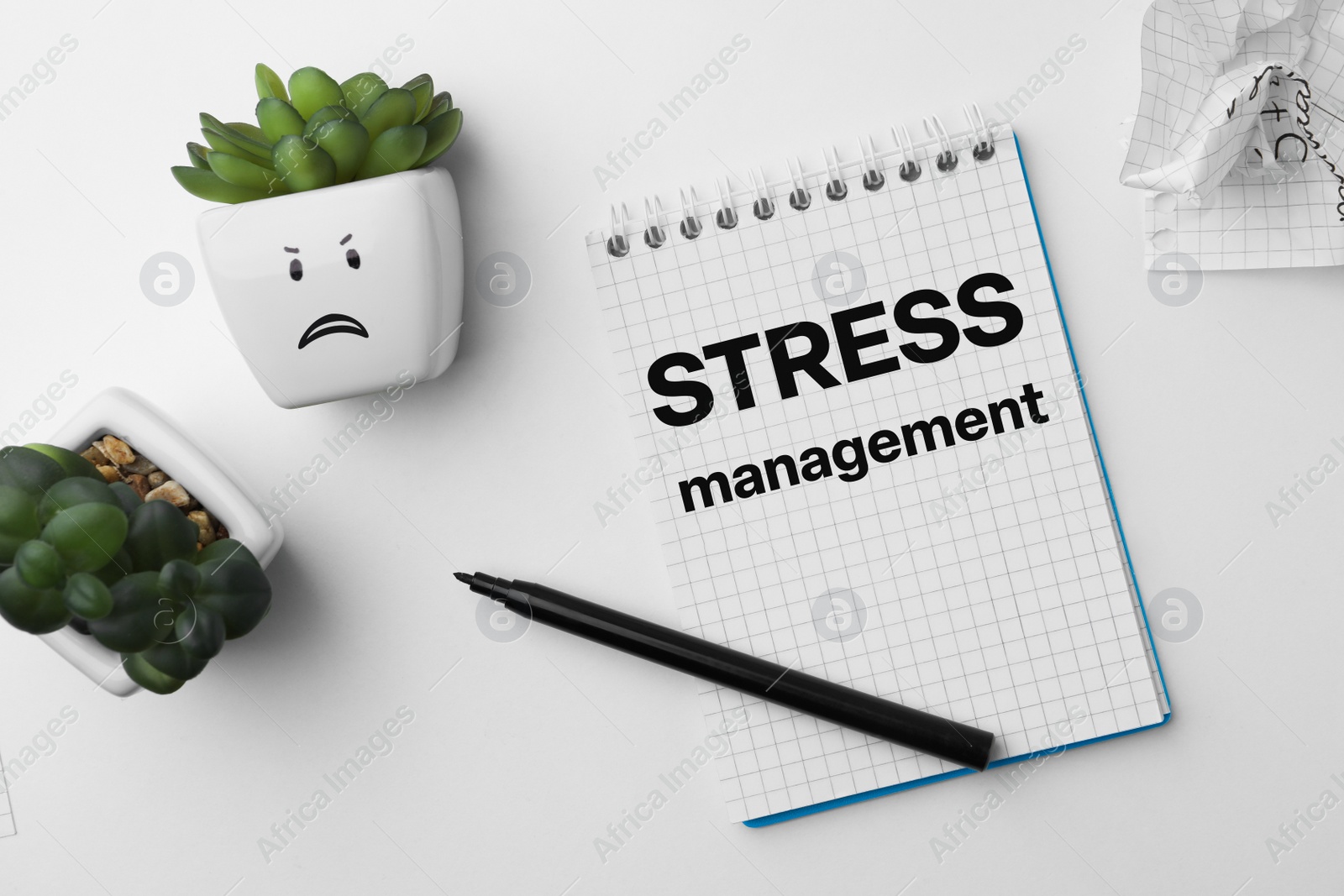 Photo of Flat lay composition with plants and stationery on white background. Stress management concept