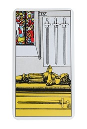 Photo of Four of Swords isolated on white. Tarot card