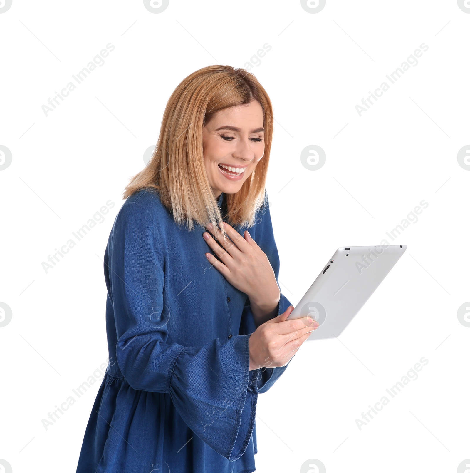 Photo of Woman using tablet for video chat isolated on white