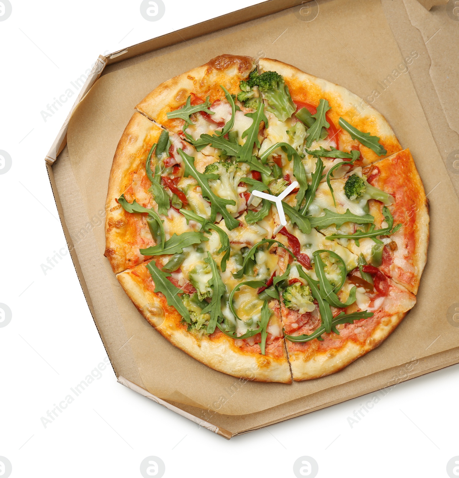 Photo of Delicious vegetarian pizza in cardboard box isolated on white, top view