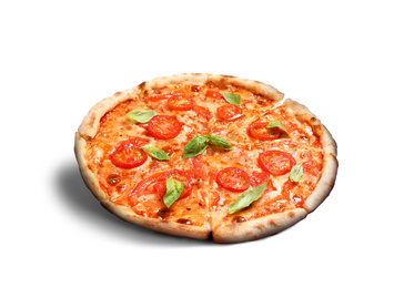 Image of Hot tasty pizza Margherita on white background. Image for menu or poster