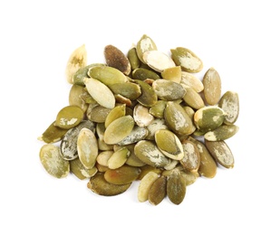 Photo of Pile of raw pumpkin seeds on white background, top view