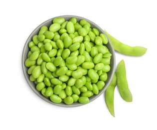 Photo of Bowl with fresh edamame soybeans on white background, top view