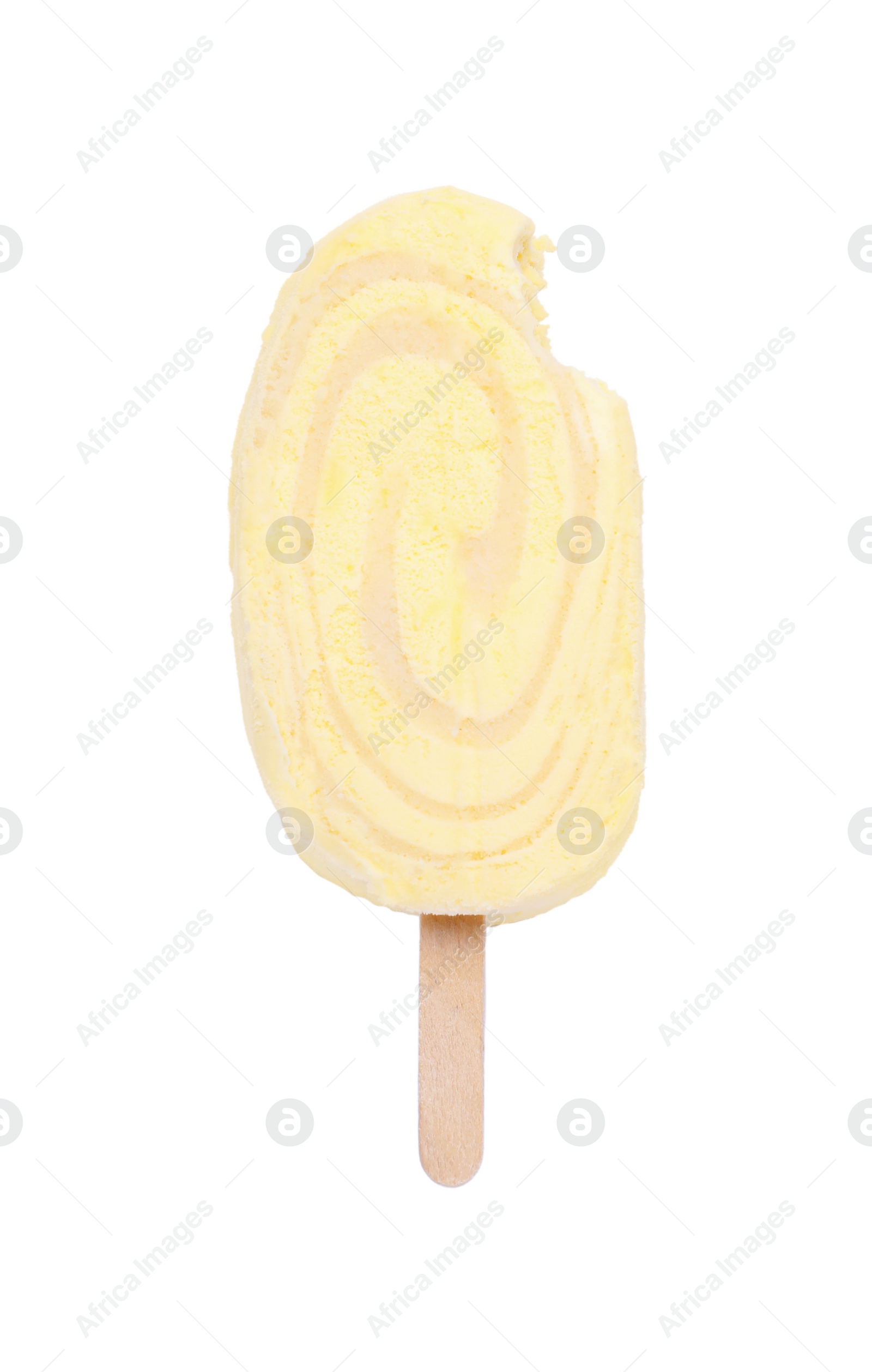 Photo of Delicious bitten ice cream bar isolated on white, top view