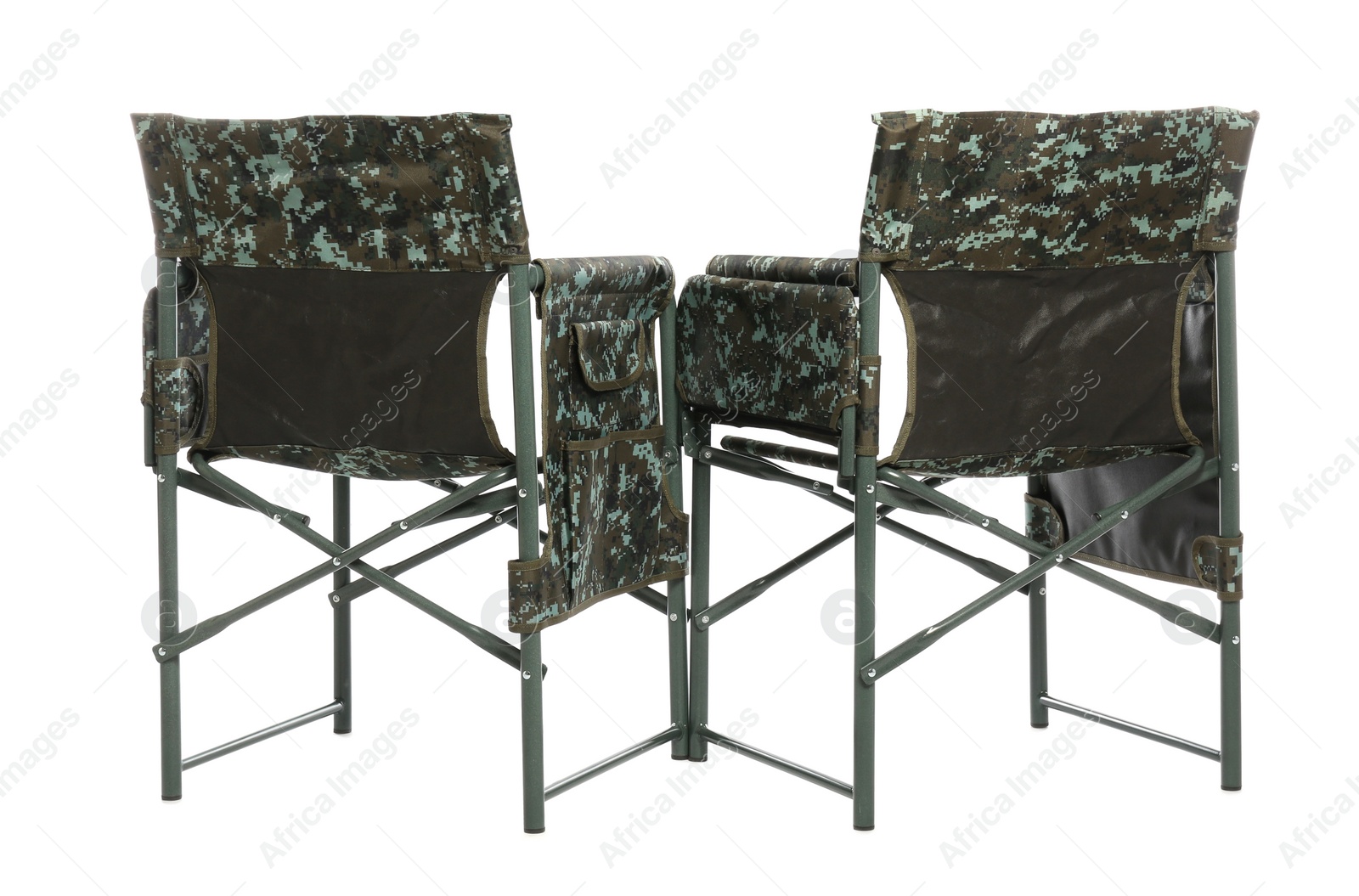 Photo of Comfortable camouflage fishing chairs on white background