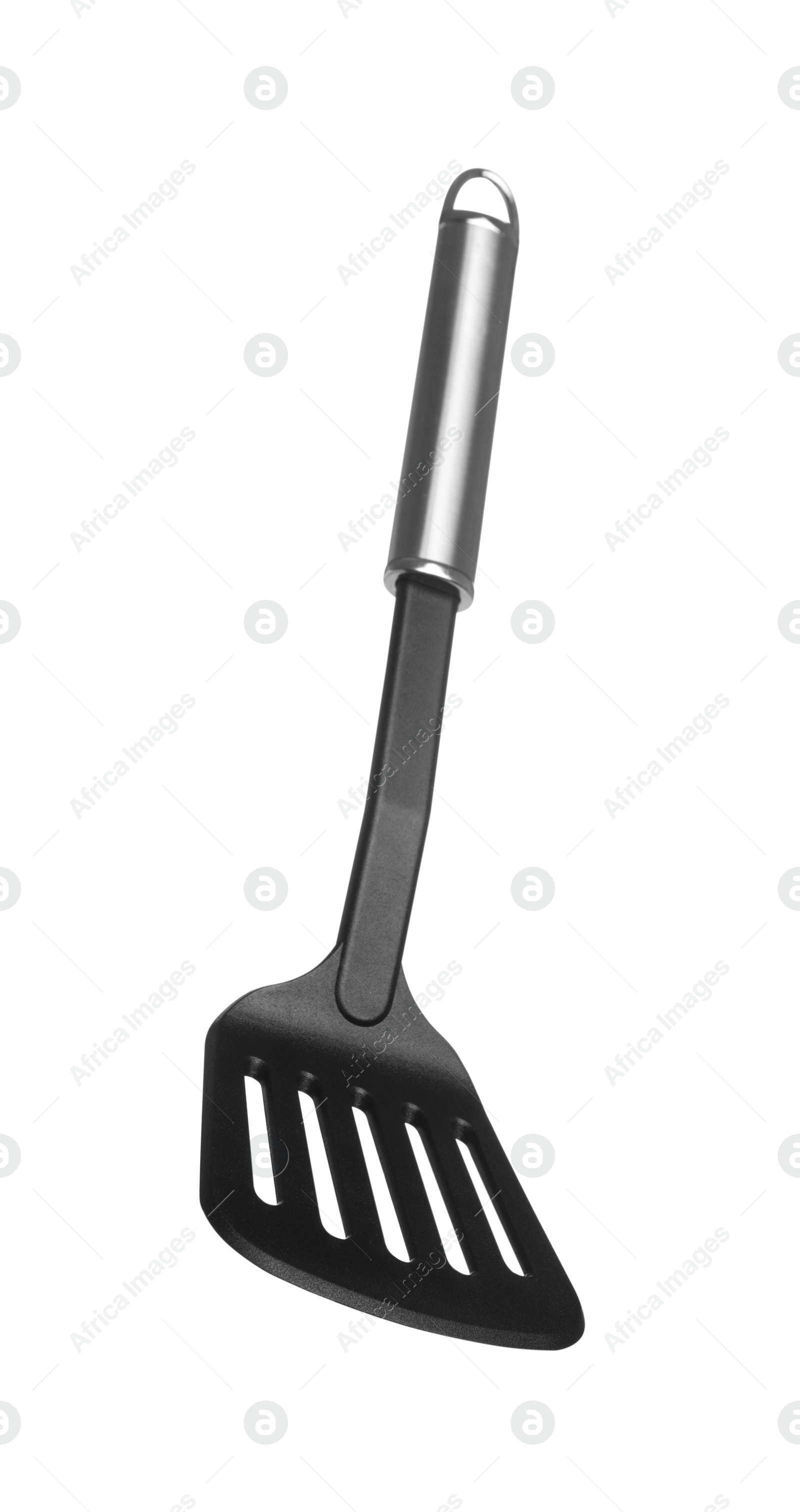 Photo of One black spatula with metal handle isolated on white