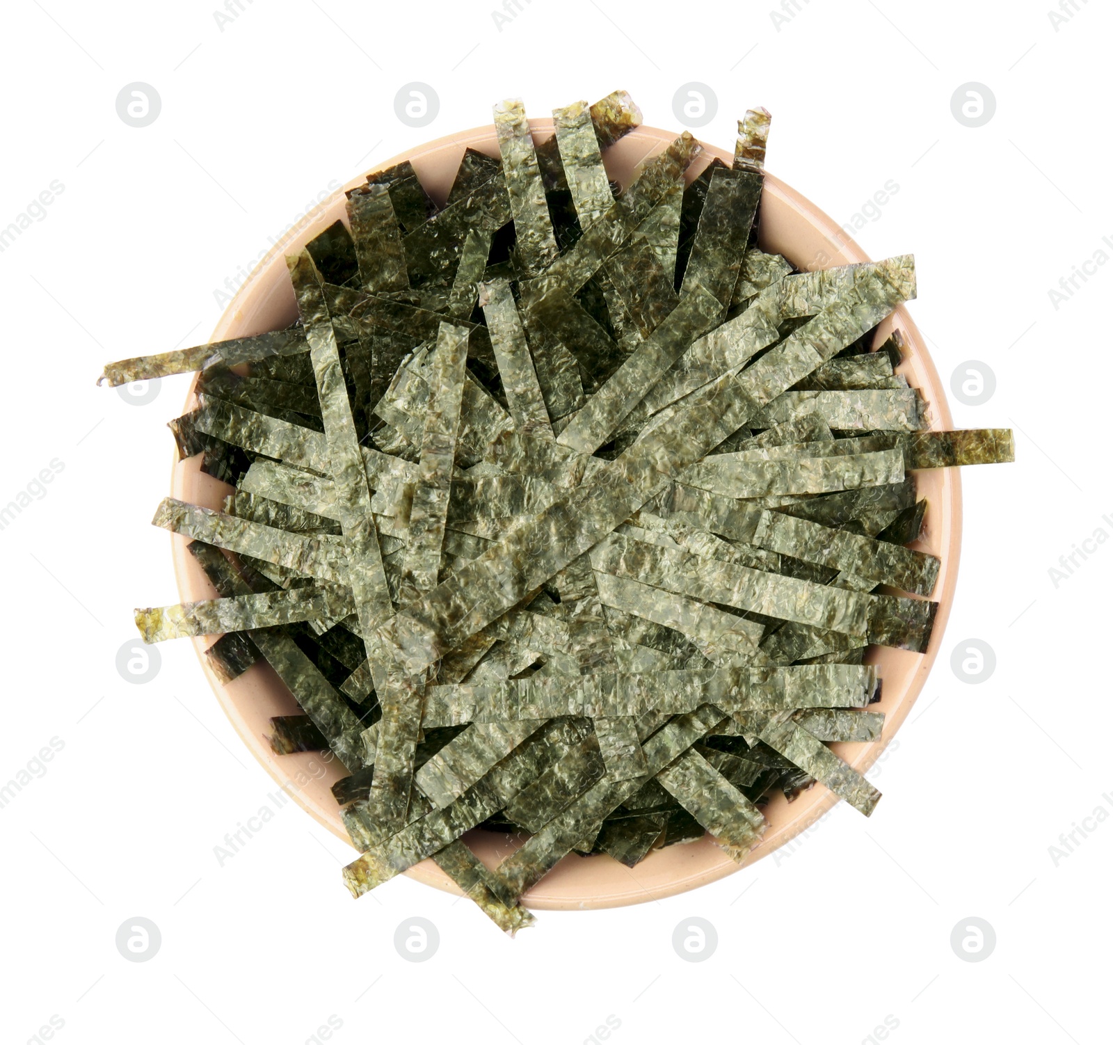 Photo of Bowl with chopped crispy nori sheets isolated on white, top view